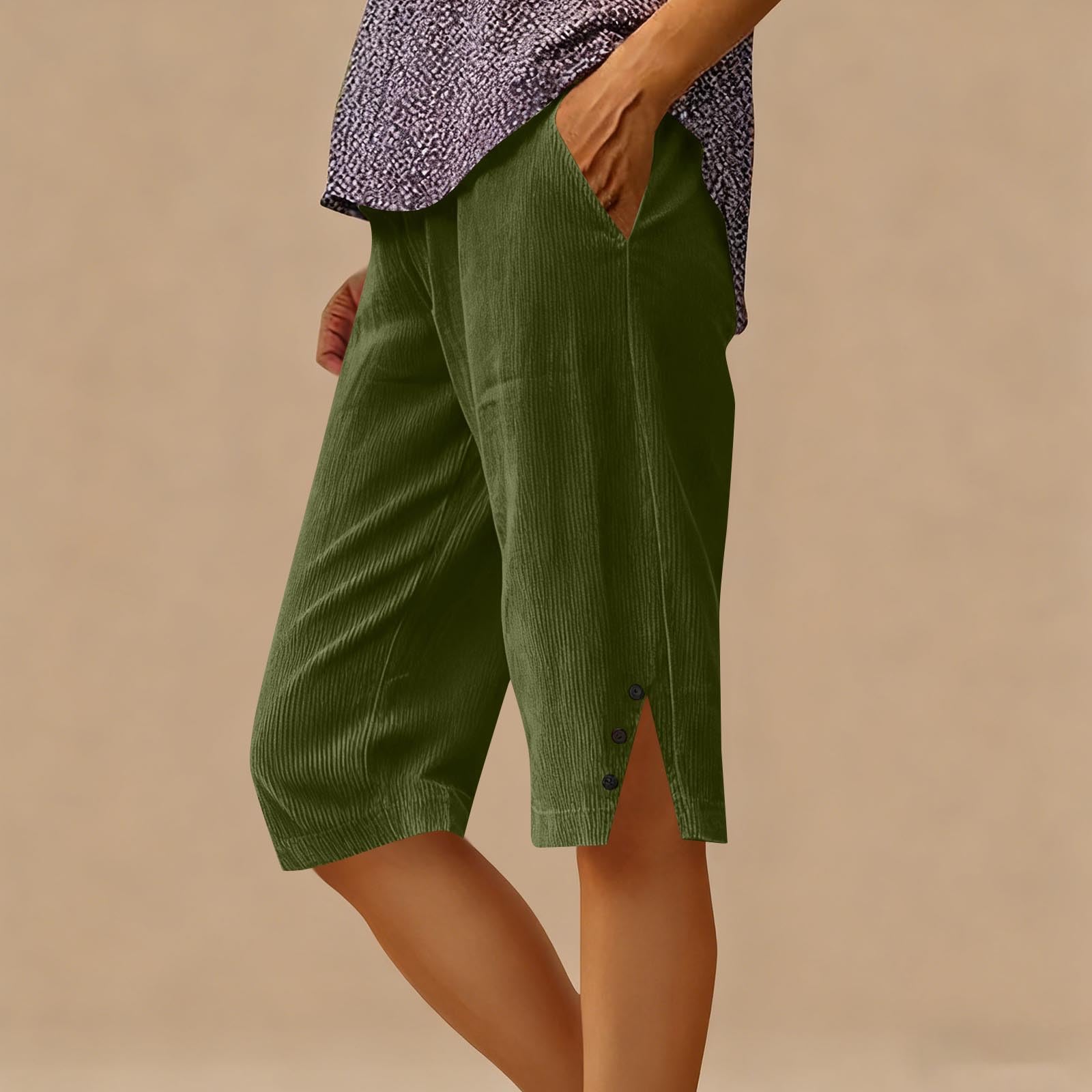 

Women s Corduroy Casual Side-Slit Comfortable Summer Shorts L армия зеленый