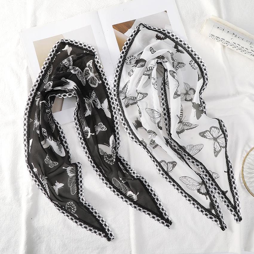 Fashion Butterfly Print Women's Turban Summer Lace Transparent Triangular Scarf Girl Silk Scarf Trendy Bandana Hair Accessories