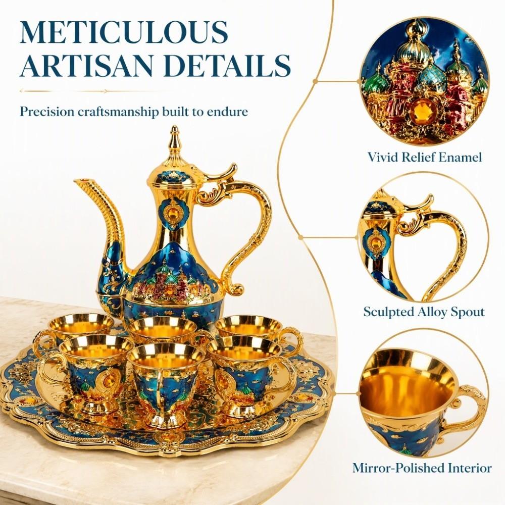 Zinc Alloy Turkish Coffee Pot Set Shiny Crystal Tray Metal Cup Set Wine Server Set Table Decor