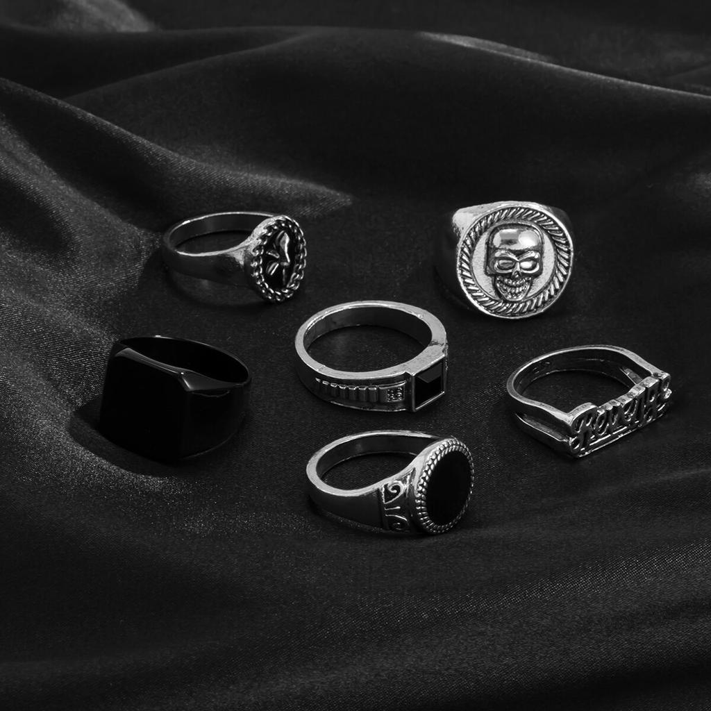 6Pcs/Set Goth Vintage Skeleton Skull Antique Silver Color Rings Set Unisex Punk Carved Knuckle Jewelry Accessories Steampunk Men