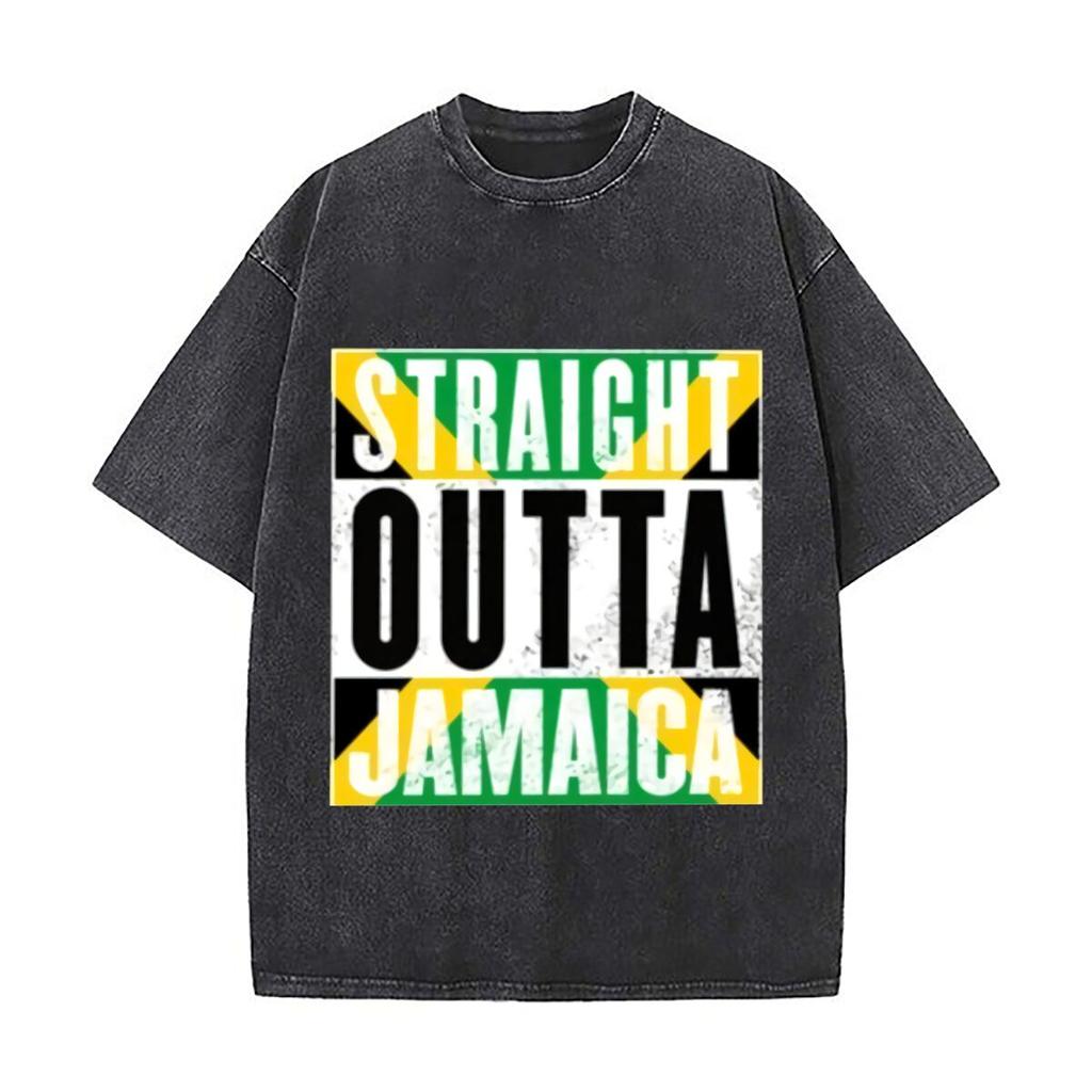 Straight Outta Jamaica Pride Kunst Tägliches Pendeln Vintage Used Look T-Shirt Locker Gewaschen Ärmel