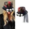 Medieval Adult Steampunks Flat Top Hat with Skull Halloween Feather&Veil Felts Hat Carnivals Role Play Magicians Hat