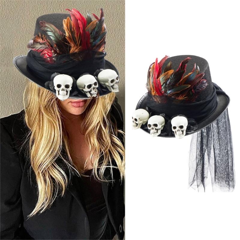 Medieval Adult Steampunks Flat Top Hat with Skull Halloween Feather&Veil Felts Hat Carnivals Role Play Magicians Hat