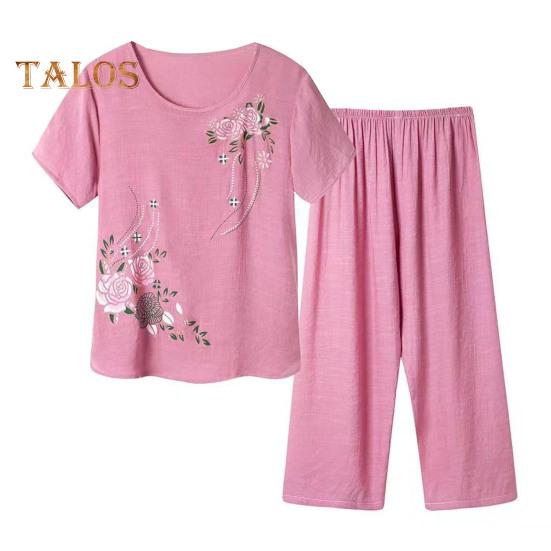 2 Pcs/Set Women T-shirt Pants Set Homewear Outfit Solid Color Floral Print Round Neck Short Sleeve Top Wide Leg Elastic Waist Loose Pants Pajamas