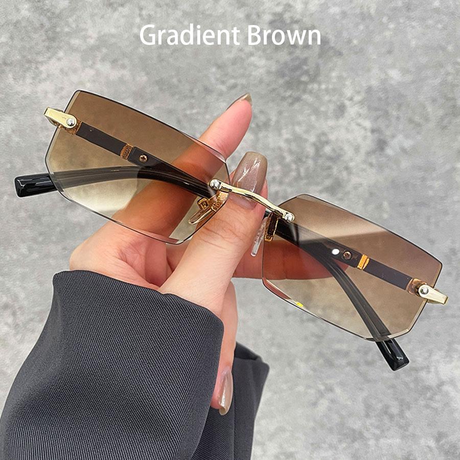 Luxury Rimless Business Rectangle Gradient Lens Unisex Fashion Sunglasses Women Men Fashion Colored lenses Metal Frame Glasses