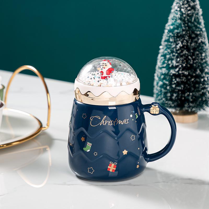 Santa Claus Ceramic Coffee Mug with Creative Snow Globe Lid Afternoon Tea Flower Tea Cup Home Breakfast Milk Mug Christmas Gift