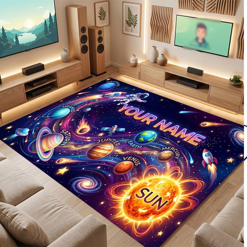 Astronaut Space Theme Soft Crystal Velvet Rug Custom Name & Text Print Non Slip Floor Rug for Bedroom Living Room