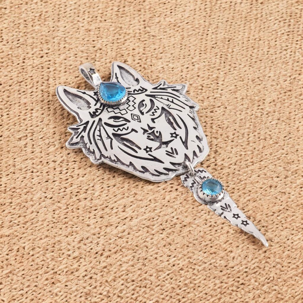 925 Sterling Silver Genuine Swiss Blue Topaz Gemstone Designer Chain Pendant 4" CP-26-5