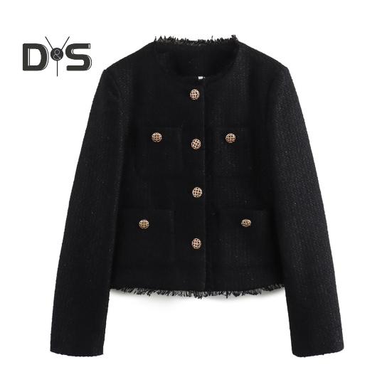 

Женский укороченный твидовый пиджак, пиджак с длинным рукавом, застегивающийся на пуговицы, короткое пальто с карманами, повседневный деловой костюм на весну и осень L чёрный