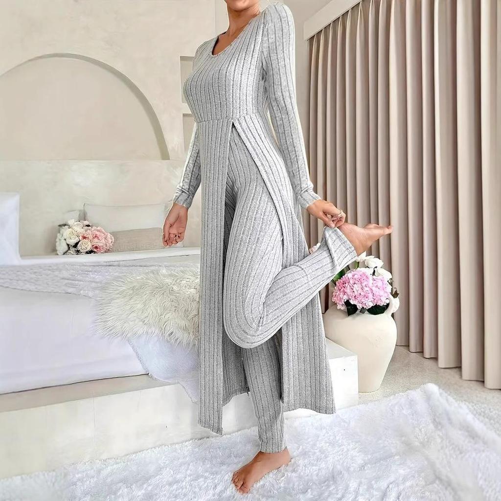 Damen Hellblaues V-Ausschnitt Strickset Langarm Oberteil und Hose mit Strickjacke