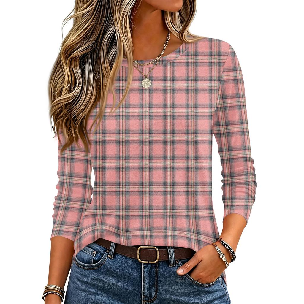 Top de punto para mujer con estampado de rayas y cuadros, cuello redondo, manga larga