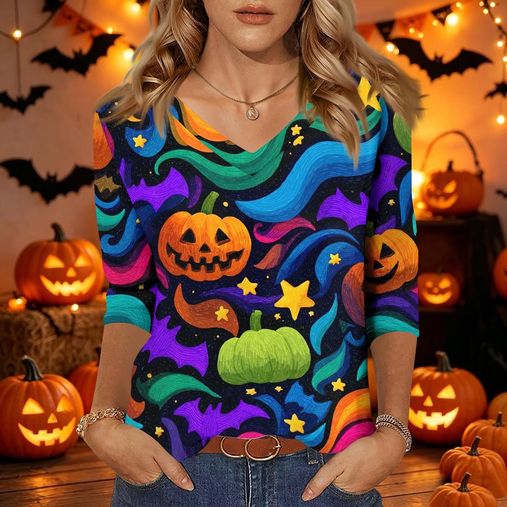 Damen Halloween Print V-Ausschnitt 3/4 Ärmel Lässiges Oberteil Leichter Weicher Stoff Lockere Passform Pulloverhemd für Saisonale Kleidung