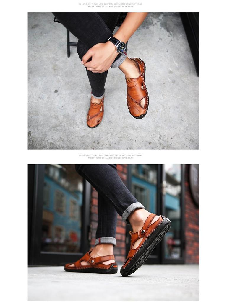 Men's Plus Size Closed Toe Leather Sandals - Trendy British Casual Beach Shoes