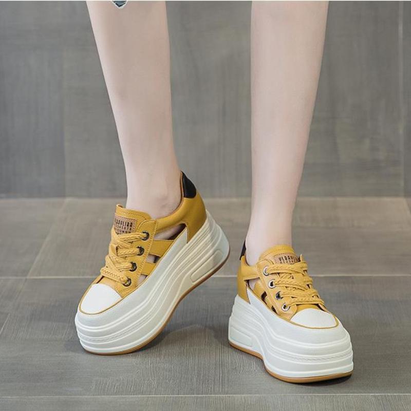 High quality 9cm Genuine Leathe Slippers Lace Up Hollow Peep Toe Casual Sandals Platform Wedge Ladies Women Summer Slides Shoes