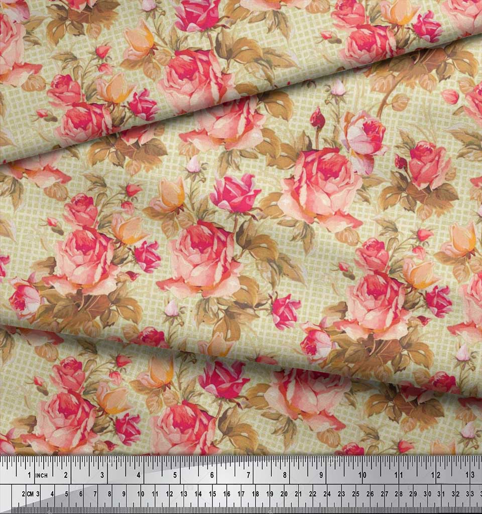 Soimoi Japan Crepe Satin Stoff Sjekk, Blader & Rose Blomstertrykk Sy Stoff meter 42 tommer