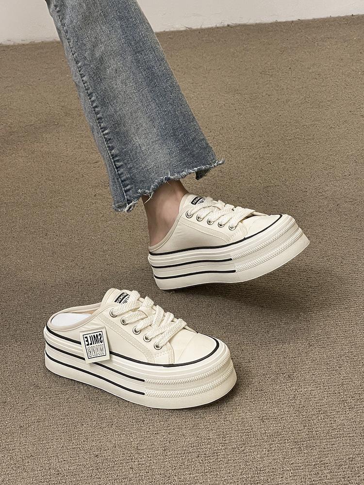 

Холщовые полутапочки женские летние 2025 новые интернет-знаменитость взрыв высокое чувство толстая подошва высота без каблука ленивые 40 белый