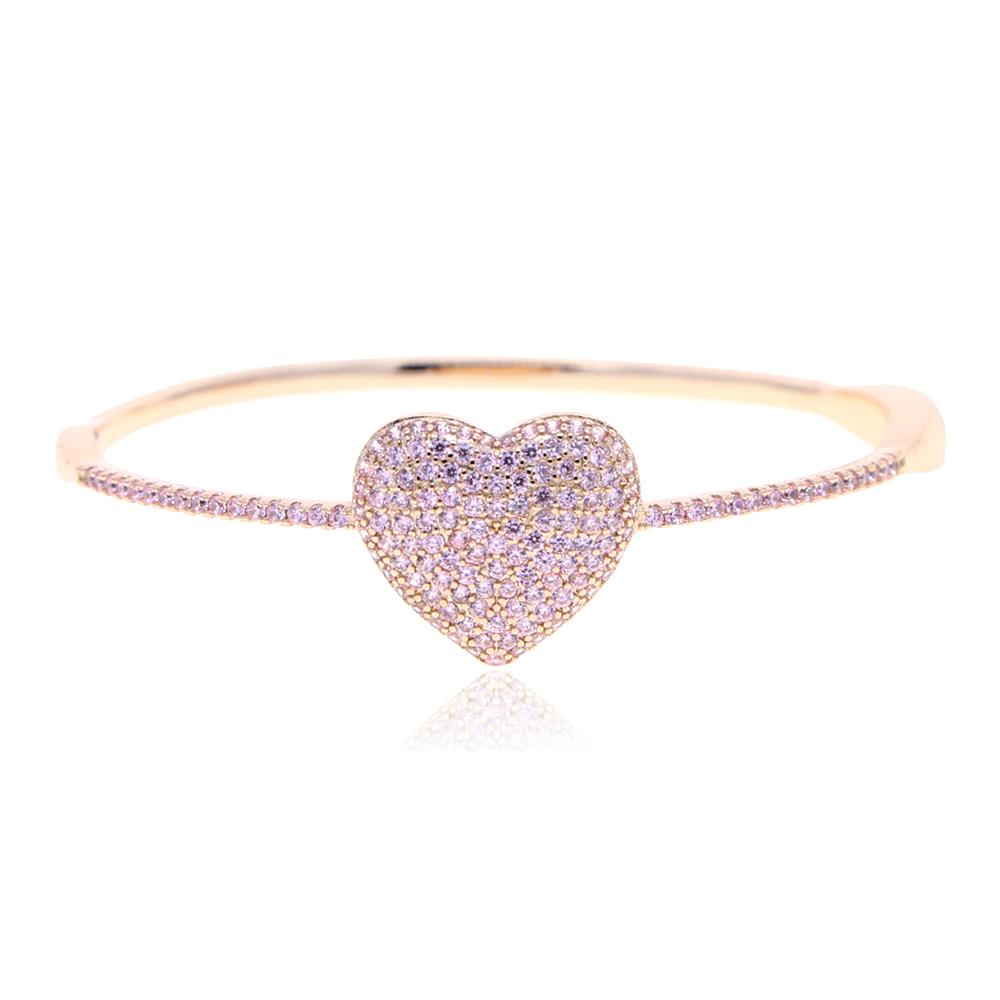 Rose Gold Plated Pink Cubic Zirconia CZ Heart Bangle Bracelet for Women 2022 New Pink Pinky Girl Jewelry inner 60mm