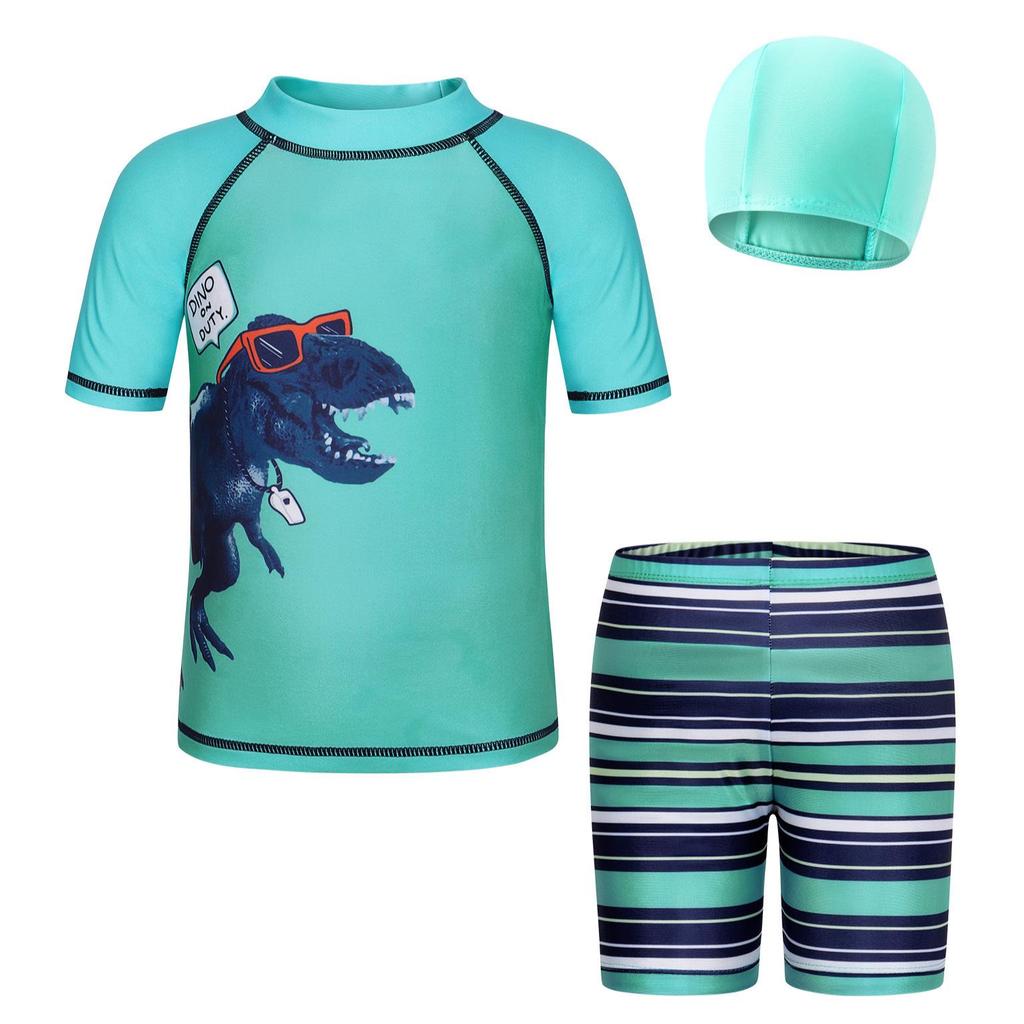 European & American Boys' Dinosaur Print Quick-Dry Sun Protection Swimsuit Set (Swim Shorts + Two Tops)