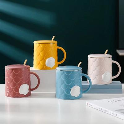 Creative Shell Ceramic Cup with Lid Spoon Small Fresh Afternoon Tea Coffee Mug Household Water Cup Large Capacity Cup