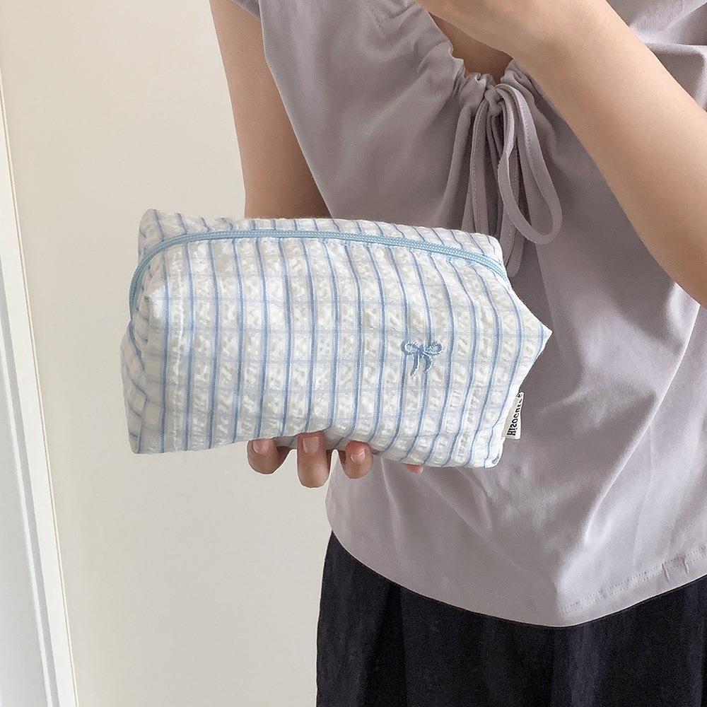 Large Capacity Cosmetic Bag Striped Bow Embroidery Pen Bag Portable Makeup Pouch