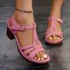 New Large-size Sandals Women's Summer Solid Color Fish Mouth Thick Heel One-word Buckle High-heeled Sandals