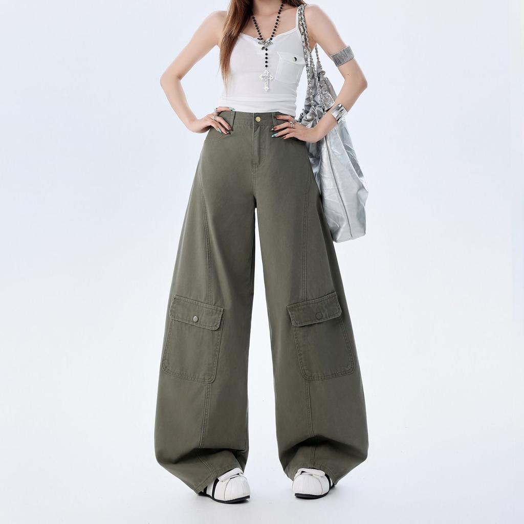 Early Spring Pure Cotton Military Green Comfort Relax Drape Saber Cut Scythe Cargo Denim Pants For Ladies Casual Pants Oversize Denim Trousers