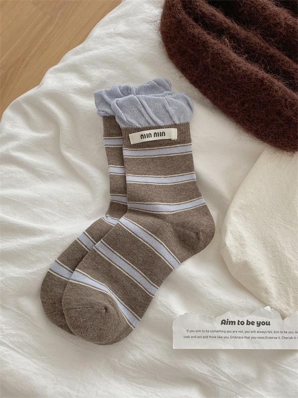 Boneless Striped Socks Women'S Contrast Color Double Luo Mouth Letter Cloth Label Mid-Tube Socks Cotton Sweat-Absorbing Breathable Pile Socks