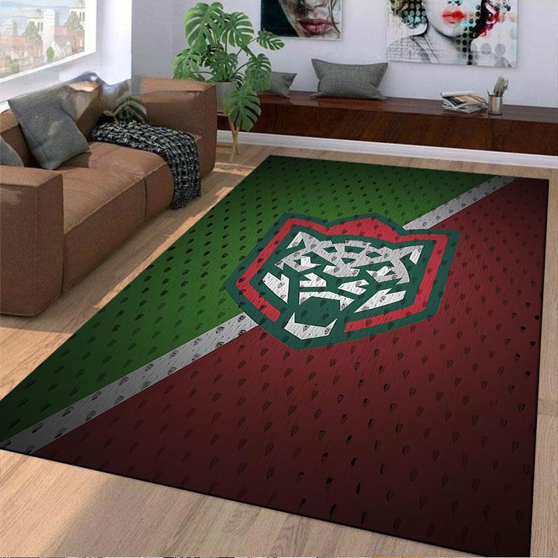 Leopard Emblem on Red Green Carpet suitable as a non-slip mat for the living room or bedroom sofa