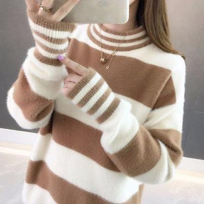 Fashion Half High Collar Striped Loose Casual Sweaters Female Clothing  Autumn Winter New All-match Pullovers Korean Tops