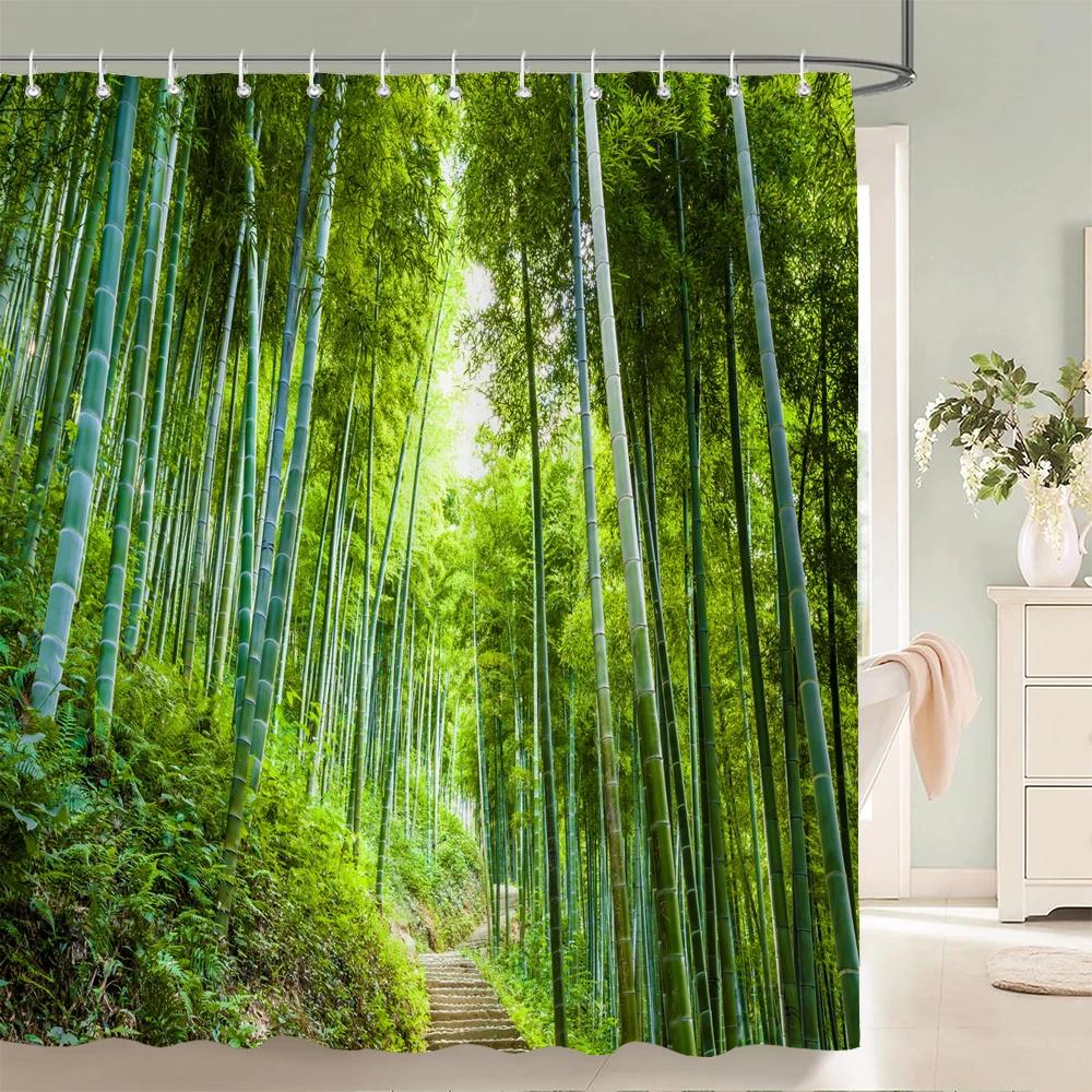 3D Green Bamboo Forest Bamboo Printing Bathroom Shower Curtain Polyester Waterproof and Mildew Proof Home Decoration Curtain