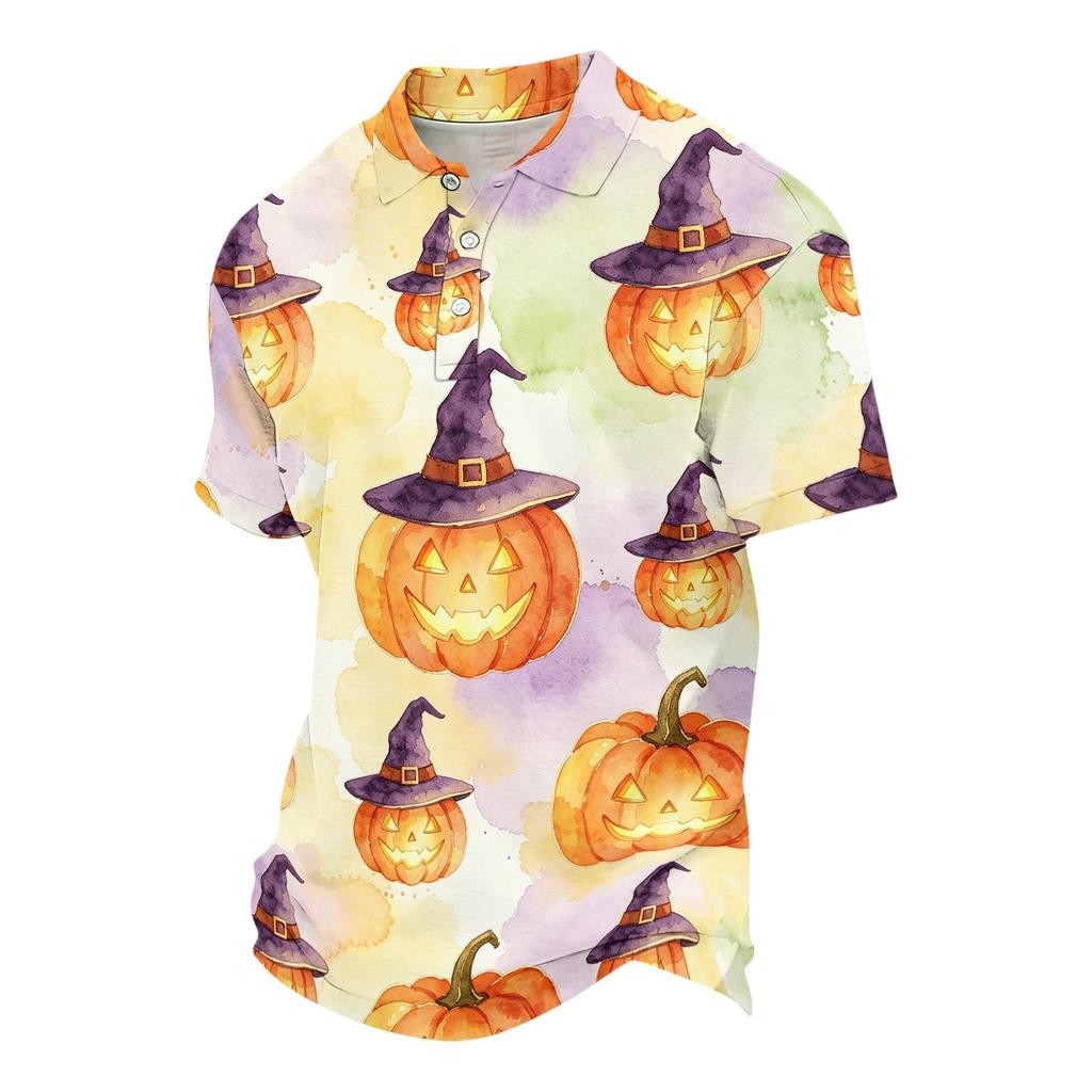 Unisex Loose Fit Casual Short Sleeve Polo Shirt with Halloween Themed Print Pullover Design for Everyday Wear