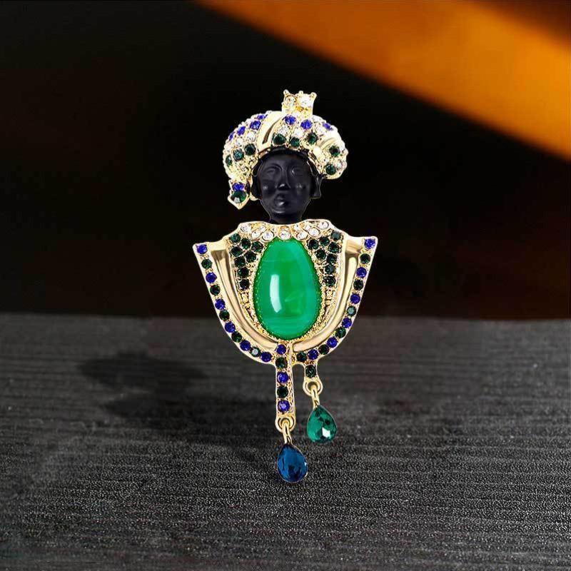 

Exotic Hat Black Businessperson Dress Up Brooch Diamond Green Gemstone Humanoid Pin