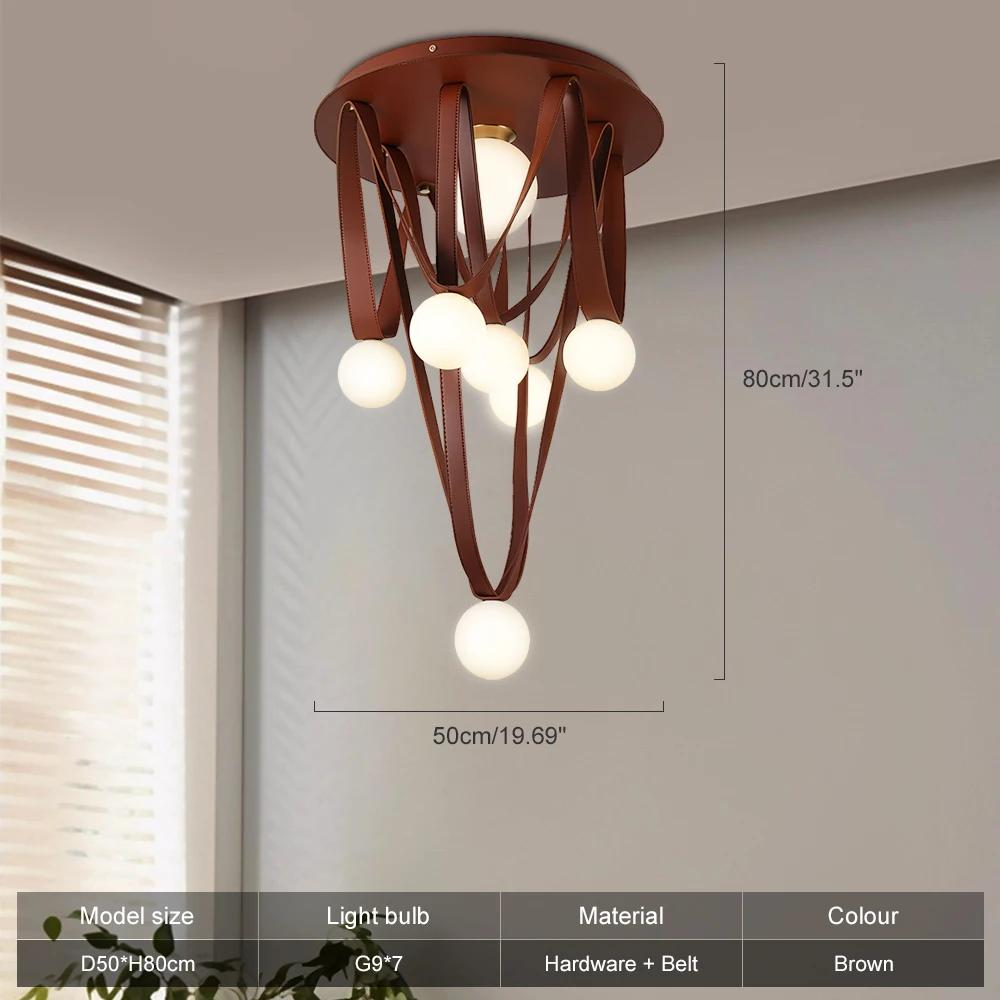 

2026 for Nordic Lamp Brown Leather Ceiling Chandelier Modern Round Living Room Bedroom Home Decor Lighting LED Fixture for Warm Light 3000k