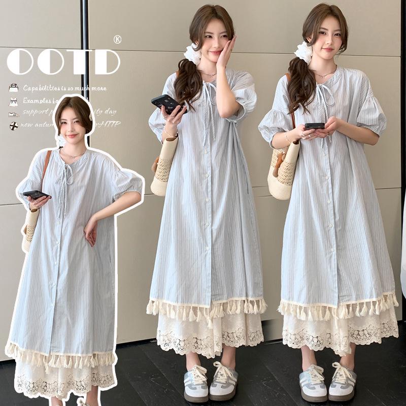 Korean Style Plus Size Maternity Two-Piece Set: Sweet Casual Shirt & Skirt for Spring/Summer 2XL