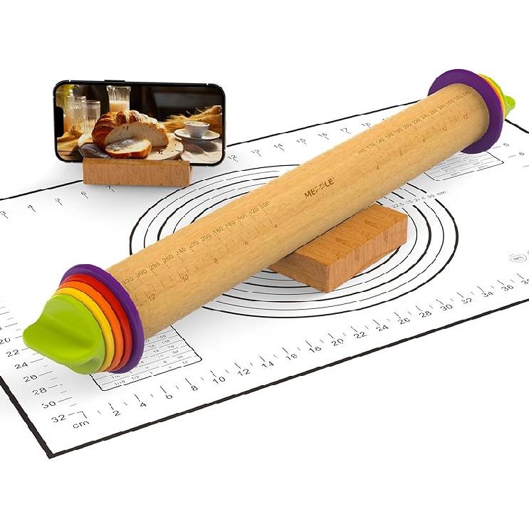 Rolling Pin with Thickness Rings for Baking,Fondant, Pizza, Pie Crust, Cookie, Pastry, Roller Rod for Dough Thickness, 13.6" Adjustable Wooden