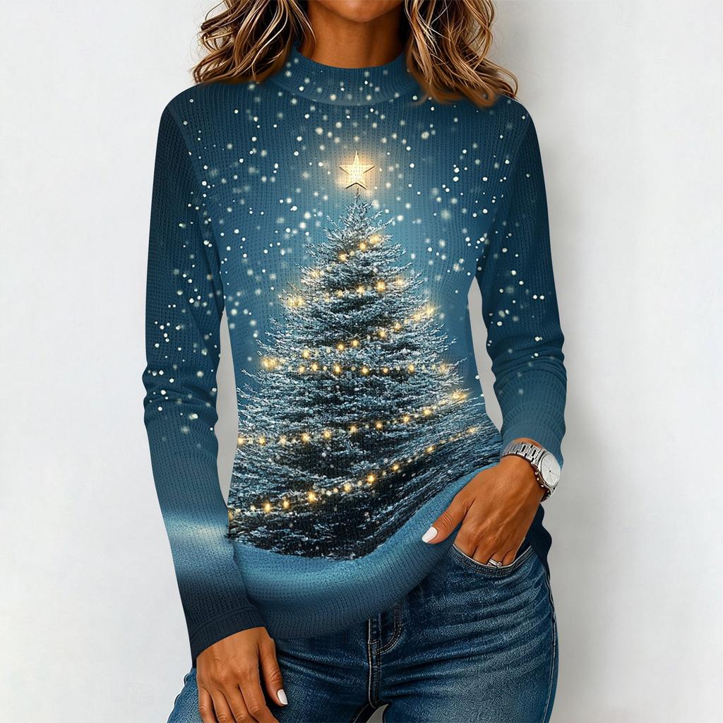 Women's Long Sleeve Knit T-Shirt with Neck and Christmas Print for Casual Wear