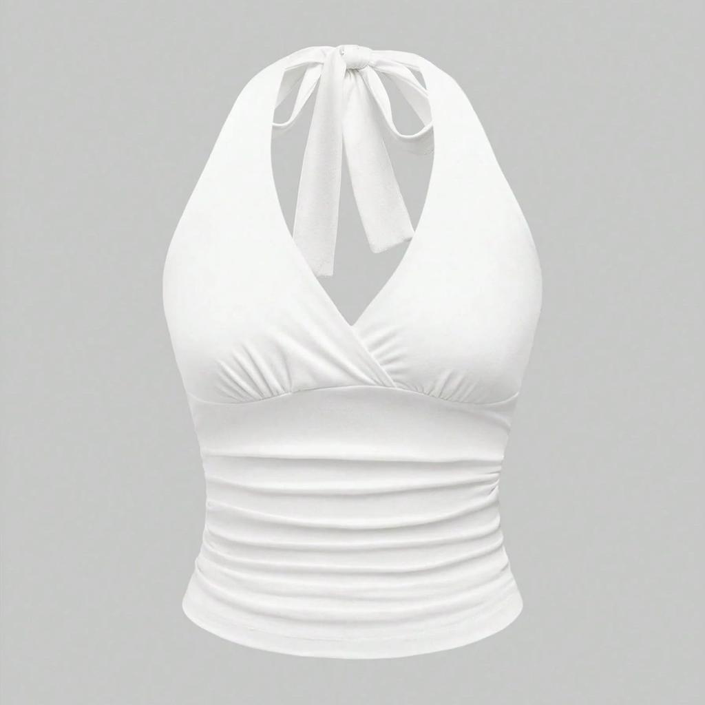 Women's Retro Backless Hanging Neck V-neck Solid Color Sleeveless Vest Top