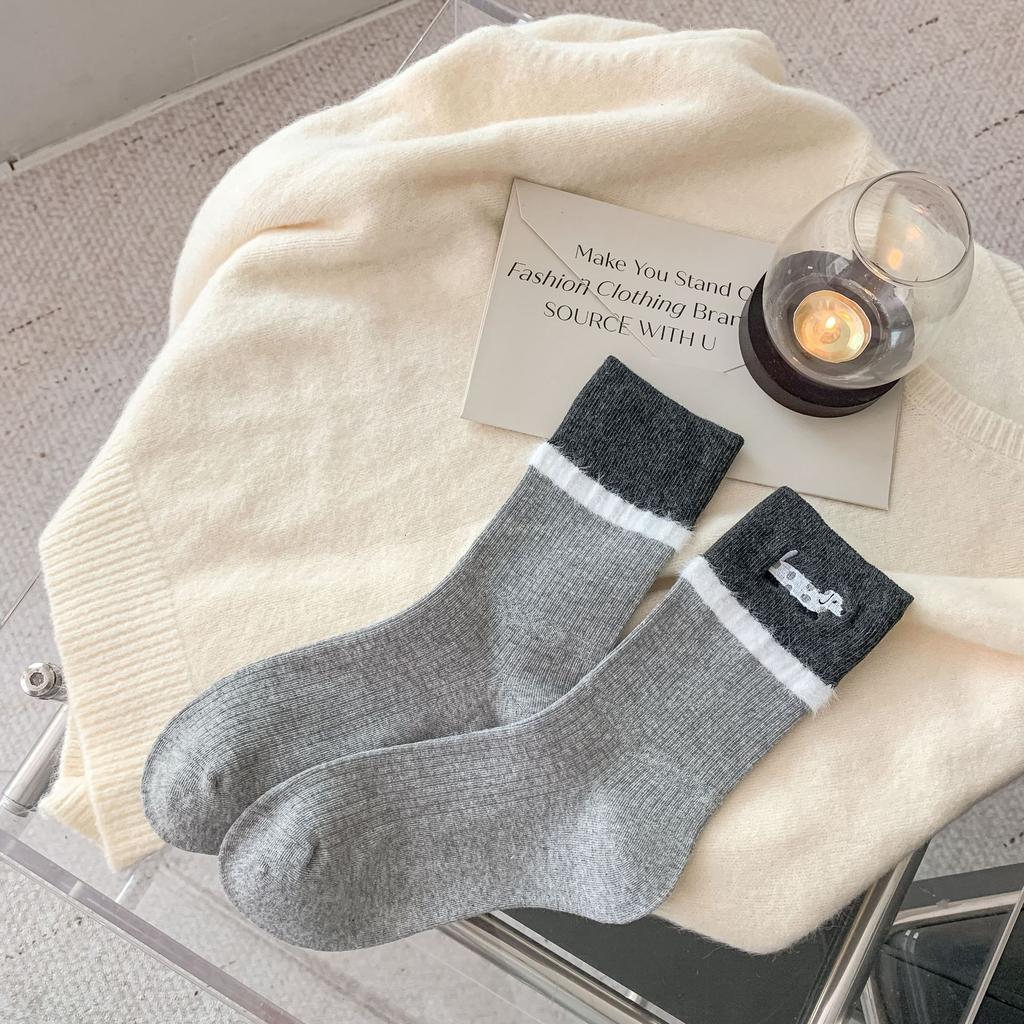 Cute Cartoon Dachshund Dog Socks Medium Tube Socks Tide Spring And Autumn Mink Velvet Color Matching Student Gray Stockings