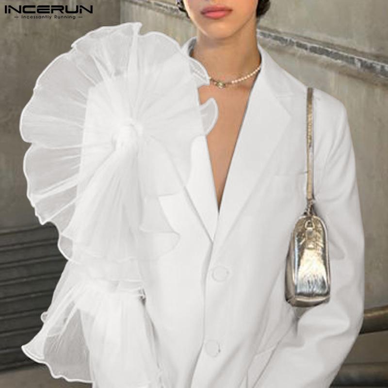 INCERUN Men Ruffled Net Patchwork Long Sleeve Blazer Casual Party Coats