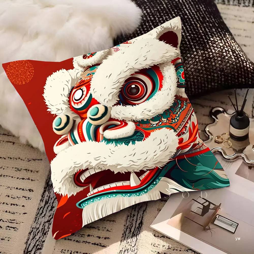 Classic Traditional Dancing Lion Animated Cartoon Pillow Case Fashion Square Pillowcase Bedroom Sofa Room Ins Decoration Leisure