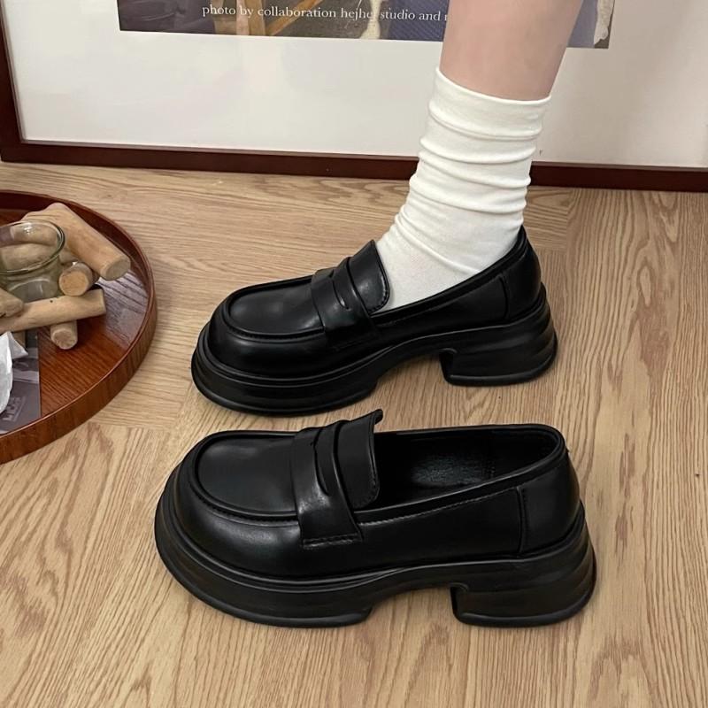 Round Head Platform Single Shoes Women's Black College Style Small Leather Shoes Versatile British Dress Shoes Shoes