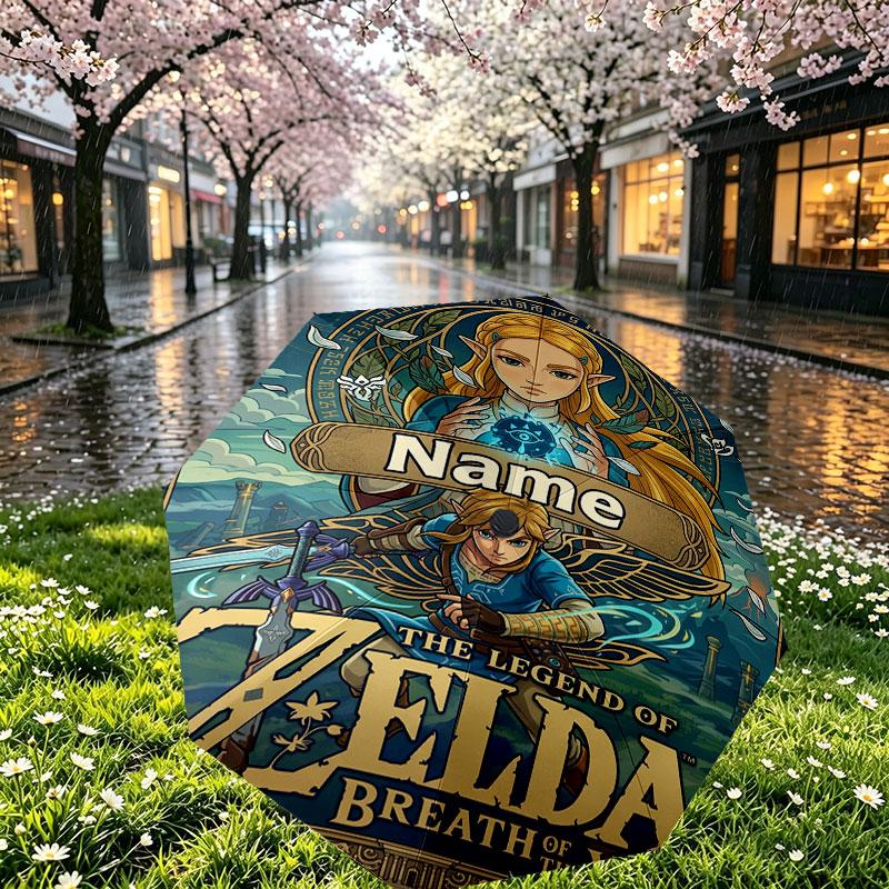 Custom Name Personalized The Legend Of Zelda Print Umbrella, Auto Open Close, 8‑Rib Sturdy Frame, Commute Camping Hiking Use, Birthday Gift