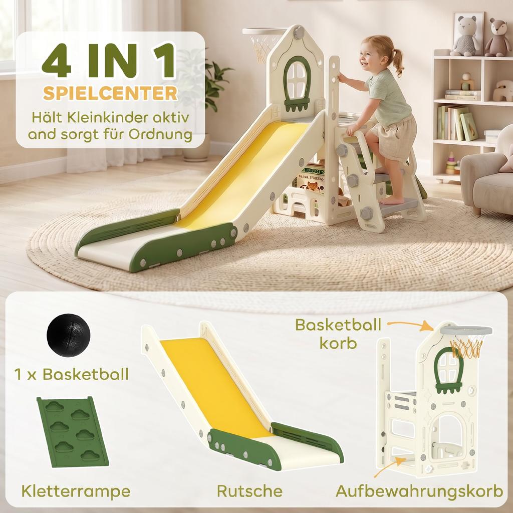 Foldable 4 in 1 Toddler Slide with Climber, Basketball Hoop, Storage Space and Basketball for Ages 1-3 Years, Cream