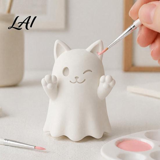 Collectible Art Figures 3D Printed Cute Ghost Cat Figurine Wink Smile Surprise Spooky Halloween Decor Lover Gifts Blank White DIY Paintable Statue,