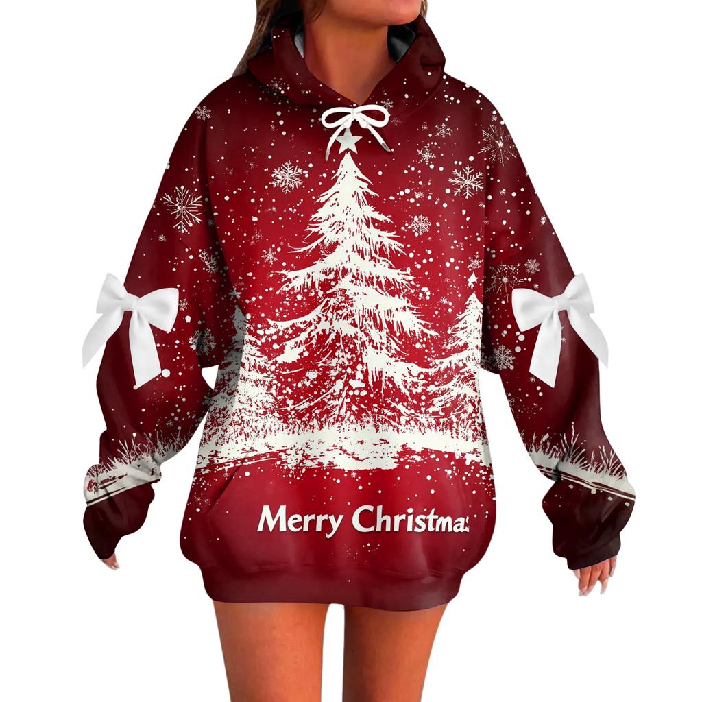 Ladies' Christmas Printed Bow Long Sleeved Loose Fitting Headband With Rope Hooded Sweatshirt Top