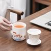 Hand-painted Landscape Pattern Series Tea Water Separating Ceramic Office Goat Fat Jade Porcelain Belt Cover Filter Mug, Tea Cup