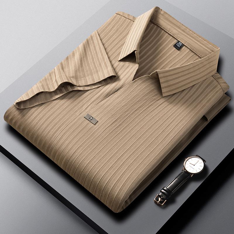 Traceless Ice Silk Short-Sleeved Polo Shirt Men'S High-End Cool Dark Striped Solid Color V-Neck T-Shirt Men'S Clothing