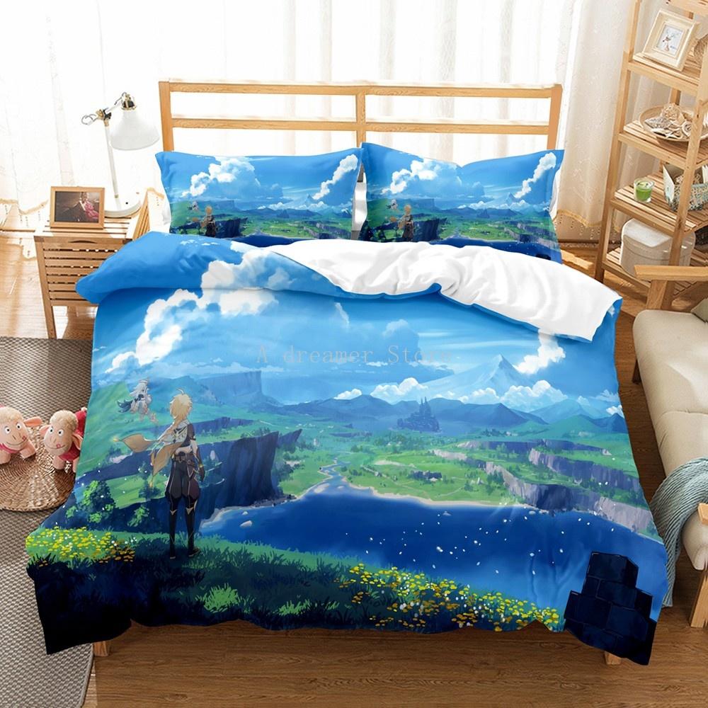 Genshin Impact Bedding Collection For Kids Teens Boys Girls Duvet Cover With Pillowcase Microfiber Bedclothes Cartoon Bed Linen