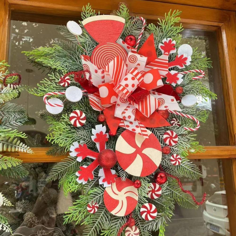Wall Decoration Christmas Wreath Xmas Front Door Wall Decor Candy Cane Christmas Wreath Bow Garland for Christmas Decoration