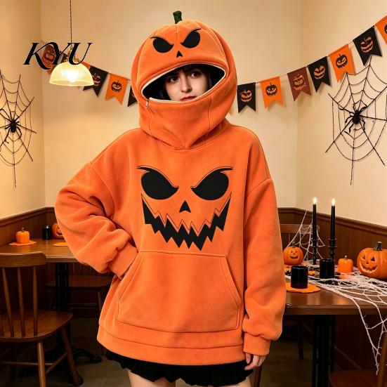 Holiday Party Apparel Women Oversized Halloween Pumpkin Hoodie, Fall Long Sleeve Hooded Casual Top Sweatshirt with Pocket, Jack-O-Lantern Costume